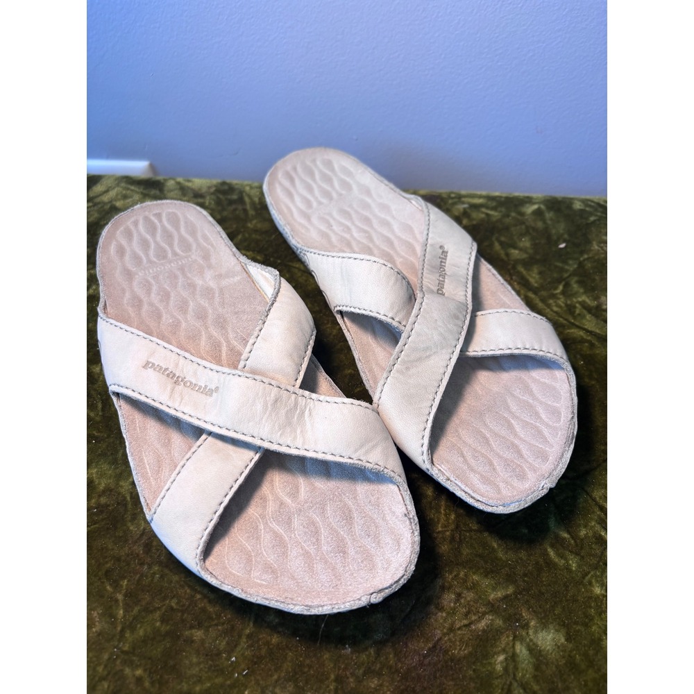 Patagonia Womens Leather Criss Cross‎ Slide Sandals Cream Beige Off White Size 7
